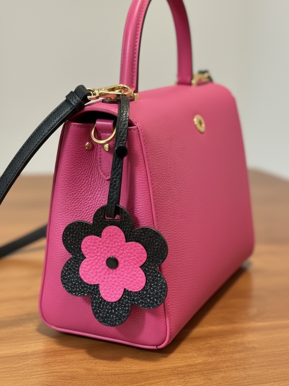 Pink and Black Leather Daisy Flower Bag Tag Charm - Picture 5 of 8